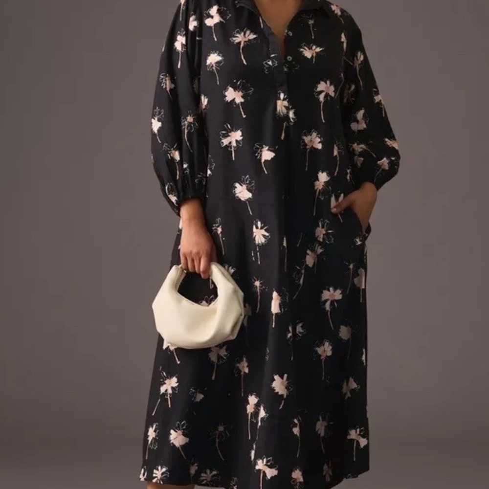 Anthropologie Maeve Button Front Asymmetrical Dress Maxi Daisy Print Black Tan - Picture 5 of 7